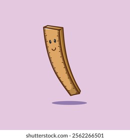 Cute school ruler character. Elementary school tool. Wooden ruler  cartoon vector character, childish groovy mascot.