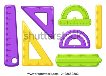 Cute school rulers set. Protractor, triangular and straight ruler for geometry and math lessons.