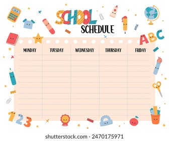 Cute school schedule vector template printable US Letter size. Weekly class timetable Monday to Friday, lesson planner students, kids daily routine chart. Funny design with educational elements.