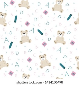 Cute school seamless pattern with animal bear and letters of the alphabet and with notebooks and pencil for children to study for prints and textiles on a white background