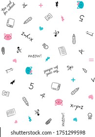 cute school semless vector pattern with kitten faces, five and four, books and pens.