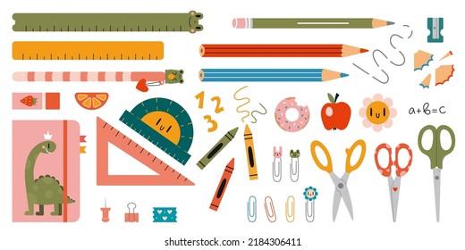 Cute school stationery and Art Supplies Set, cartoon style. Kawaii workspace accessories. Trendy modern vector illustration isolated on white background, hand drawn, flat design.