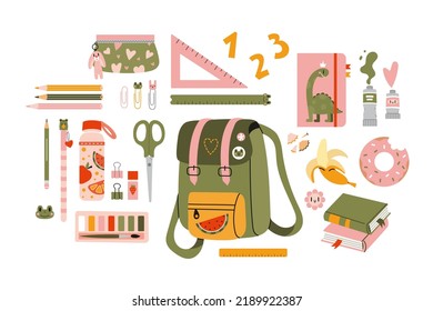 Cute school stationery and Art Supplies Set, cartoon style. The contents of the student backpack. Kawaii workspace accessories. Trendy modern vector illustration isolated on white, hand drawn, flat.