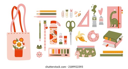 Cute school stationery and Art Supplies Set, cartoon style. The contents of the student tote bag: kawaii accessories, lunch, textbooks. Trendy modern vector illustration, hand drawn, flat design.