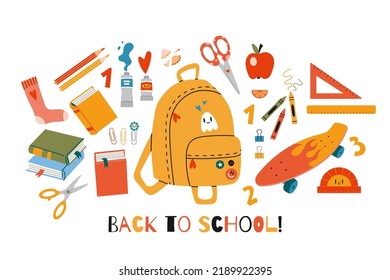 Cute school stationery and Art Supplies Set, cartoon style. The contents of the student backpack. Kawaii workspace accessories. Trendy modern vector illustration isolated on white, hand drawn, flat.