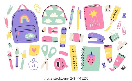 Cute school stationery and Art Supplies Set, cartoon. Kawaii accessories for study, student equipment. Back to school.