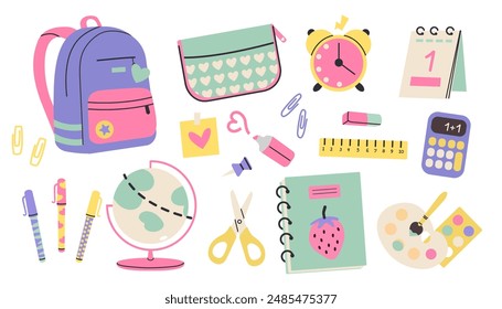 Cute school stationery and Art Supplies  Set, cartoon style. Kawaii accessories for study. Back to school. vector illustration isolated on white, flat