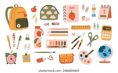 Cute school stationery and Art Supplies  Set, cartoon style. Kawaii accessories for study. Back to school. vector illustration isolated on white, flat