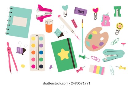 Cute school stationery and Art Supplies big Set, cartoon style. Kawaii accessories for study, student equipment. Back to school. Trendy modern vector illustration isolated on white hand drawn flat doo