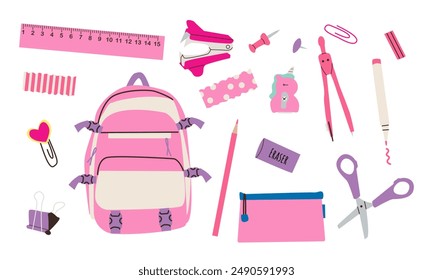 Cute escuela papelería y suministros de arte gran conjunto, estilo de dibujos animados. Accesorios Kawaii para el estudio, equipo para estudiantes. De vuelta a la escuela. Ilustración vectorial moderna de moda aislada en la puerta plana dibujada a mano blanca