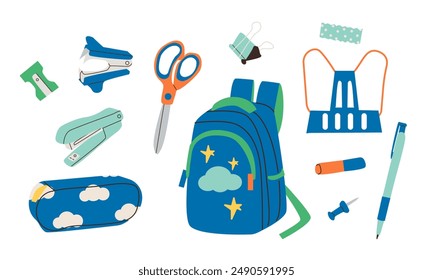 Cute school stationery and Art Supplies big Set, cartoon style. Kawaii accessories for study, student equipment. Back to school. Trendy modern vector illustration isolated on white hand drawn flat doo