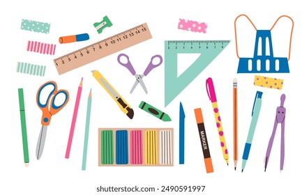 Cute school stationery and Art Supplies big Set, cartoon style. Kawaii accessories for study, student equipment. Back to school. Trendy modern vector illustration isolated on white hand drawn flat doo