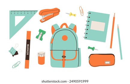 Cute school stationery and Art Supplies big Set, cartoon style. Kawaii accessories for study, student equipment. Back to school. Trendy modern vector illustration isolated on white hand drawn flat doo