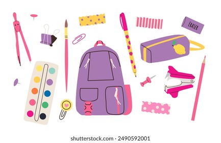 Cute escuela papelería y suministros de arte gran conjunto, estilo de dibujos animados. Accesorios Kawaii para el estudio, equipo para estudiantes. De vuelta a la escuela. Ilustración vectorial moderna de moda aislada en la puerta plana dibujada a mano blanca