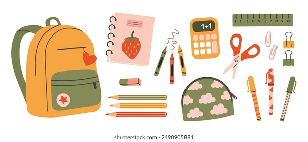 Cute school stationery and Art Supplies  Set, cartoon style. Kawaii accessories for study. Back to school. vector illustration isolated on white