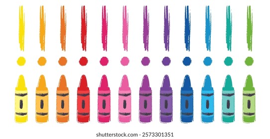 Cute school stationery crayon icons set in doodle style. Pencil vector flat illustration isolated on background. Wax pencils, marker signs with line for kindergarten banner, educational materials