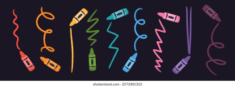 Cute school stationery crayon icons set in doodle style. Pencil vector flat illustration isolated on background. Wax pencils, marker signs with line for kindergarten banner, educational materials