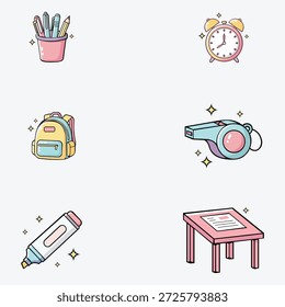 Bonito ícone de papelaria escolar conjunto ilustração vetor plana com mochila, porta-lápis, despertador, assobio e elementos de mesa de estudo