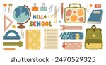 Cute school stationery large set. Kawaii accessories for studying. Hello School. Modern vector illustration.