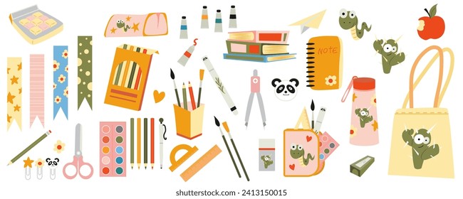 Cute school stationery mega set in flat design. Bundle elements of adorable pens, bookmarks, scissors, pencils, paints, books, bottle, other kawaii supply. Vector illustration isolated graphic objects