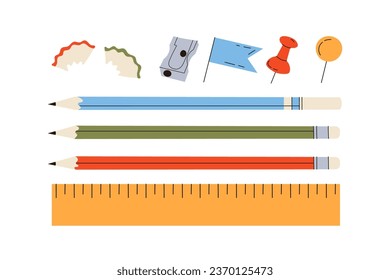 Cute school stationery set. Ruler, colorful pencils, sharpener and pins for the board. Children's stationery for school and study. Vector stock illustration on isolated white background.