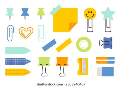 Cute school stationery supplies for studying. Stickers, paper clips, notes, pencil sharpener. Cartoon flat illustration.