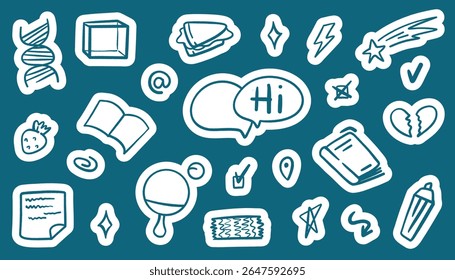 Cute school sticker pack featuring chalk, paper clips, glue sticks, and notebooks. Hand-drawn vector icons in vibrant colors for digital planners, stickers, or learning materials.