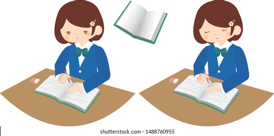 Cute school student in uniform in various activities set