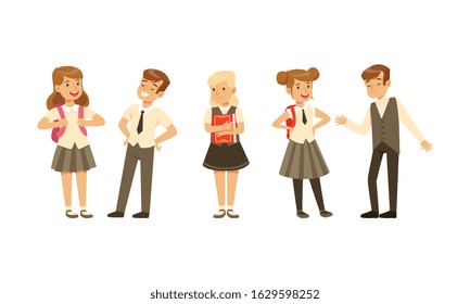 Cute School Students in Uniform with Backpacks Collection, Happy Schoolboys and Schoolgirls Cartoon Characters Vector Illustration