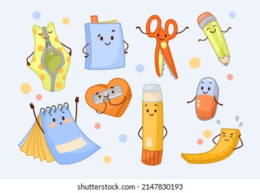 Cute school supplies cartoon characters vector illustrations set. Comic eraser, notebook, pen, sharpener, pencil, pencil case, ruler for studying as mascots, supplies for schoolbag. Stationery concept