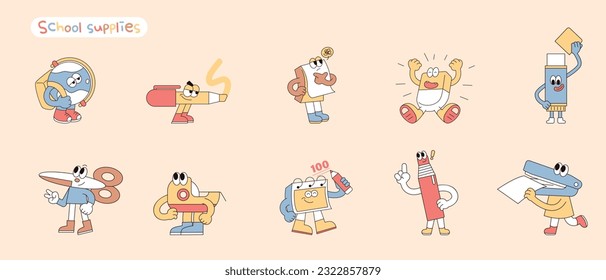 Cute school supplies characters. A collection of various actions.