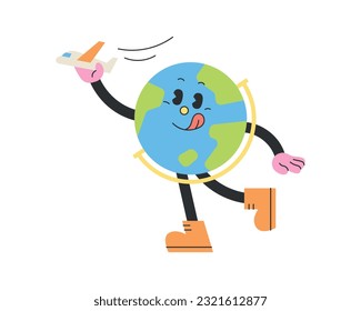 Cute school supplies characters. The globe is holding a plane and having fun.