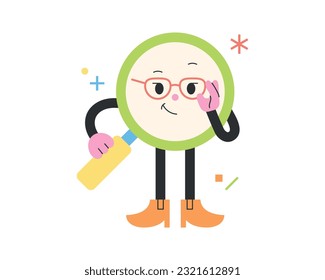 Cute school supplies characters. A magnifying glass with glasses is searching.