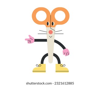 Cute school supplies characters. Mouse-like scissors are pointing in one direction.