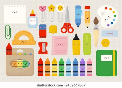 Cute school supplies characters set. Vector illustrations in kawaii style.