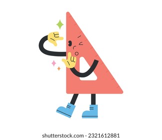 Cute school supplies characters. Triangular ruler is taking measurements with his hand.