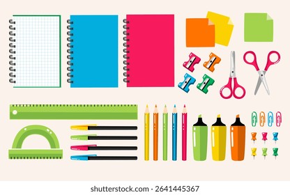 Cute school supplies in flat design style, perfect for banner designs, social media composition, prints and crafting projects. A total of 36 items. Vector illustration.