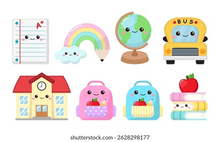 Cute school supplies, globe, pencil, bus, building, bag clipart