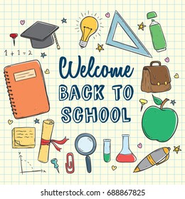cute school supplies icons using doodle or hand drawn style on paper background