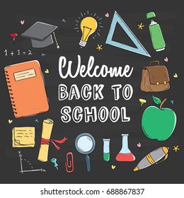 cute school supplies icons using doodle or hand drawn style on chalkboard background