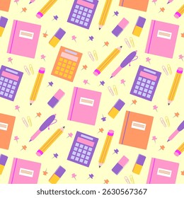 Cute school supplies pattern. Pastel-colored notebooks, calculators, pens, and erasers in repeating design.