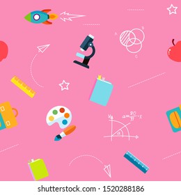Cute school supplies seamless pattern on pink background.