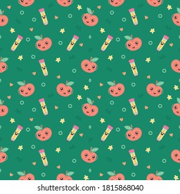 Cute school supplies seamless repeat pattern. Great for kawaii wallpaper, backgrounds, invitations, fabric, packaging design projects. Surface pattern design.