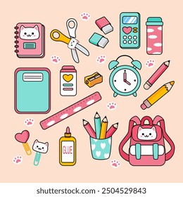 Cute school supplies set. Cat. Back to school. 