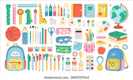 Cute school supplies set. Perfect for education, school design, classroom decorations, learning materials, posters, stickers, and back to school themed design. Flat vector illustration