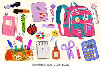 Cute school supplies sticker set. Colorful doodles stationery - backpack and calculator, notebook and pens, pencils and markers. Childish design educational tools for back to school projects