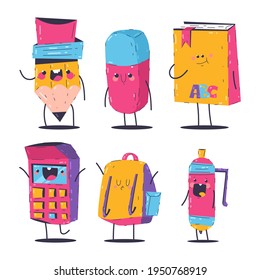 Cute material escolar vectorial caricatura personajes educativos aislados en un fondo blanco.