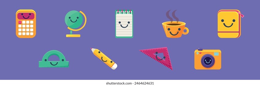 Cute School Supply Item with Smiling Face Vector Set