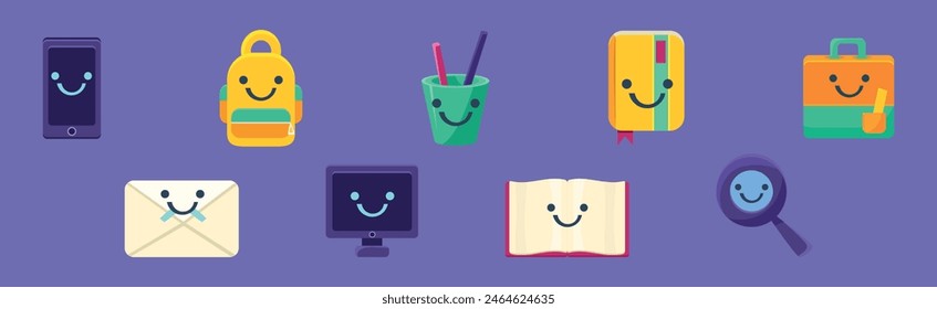 Cute School Supply Item with Smiling Face Vector Set