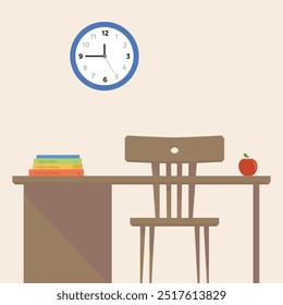 Cadeira de professor de escola bonito e mesa com livros, maçã vermelha e relógio parede vetor linha ilustração arte. Mesa de madeira com detalhes de sombras, livros coloridos em estilo plano, arte vetorial 100% editável